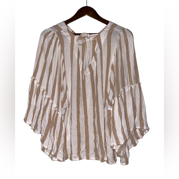 Maurice’s Stripe Peasant Blouse Flutter Sleeve Khaki Beige Women‎ XL Office Work - Picture 2 of 9